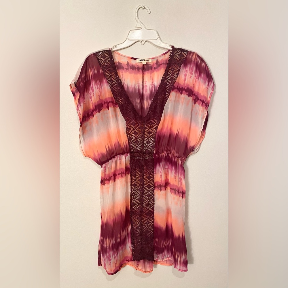 NWOT Miken Sheer, colorful swimsuit coverup with lace cutout, Size: Large